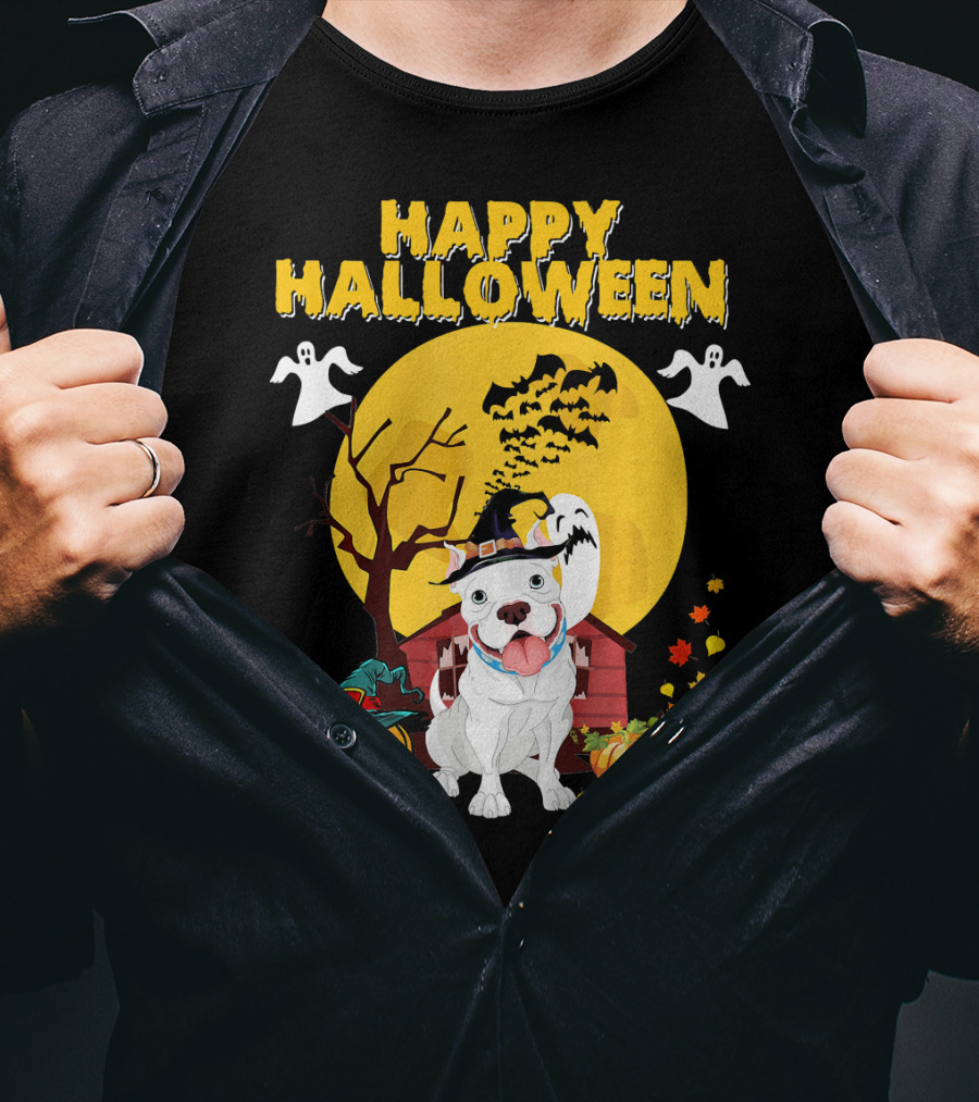 Happy Halloween Pumpkin Pitbull Dog Ghosts And Spooky Night T-Shirt
