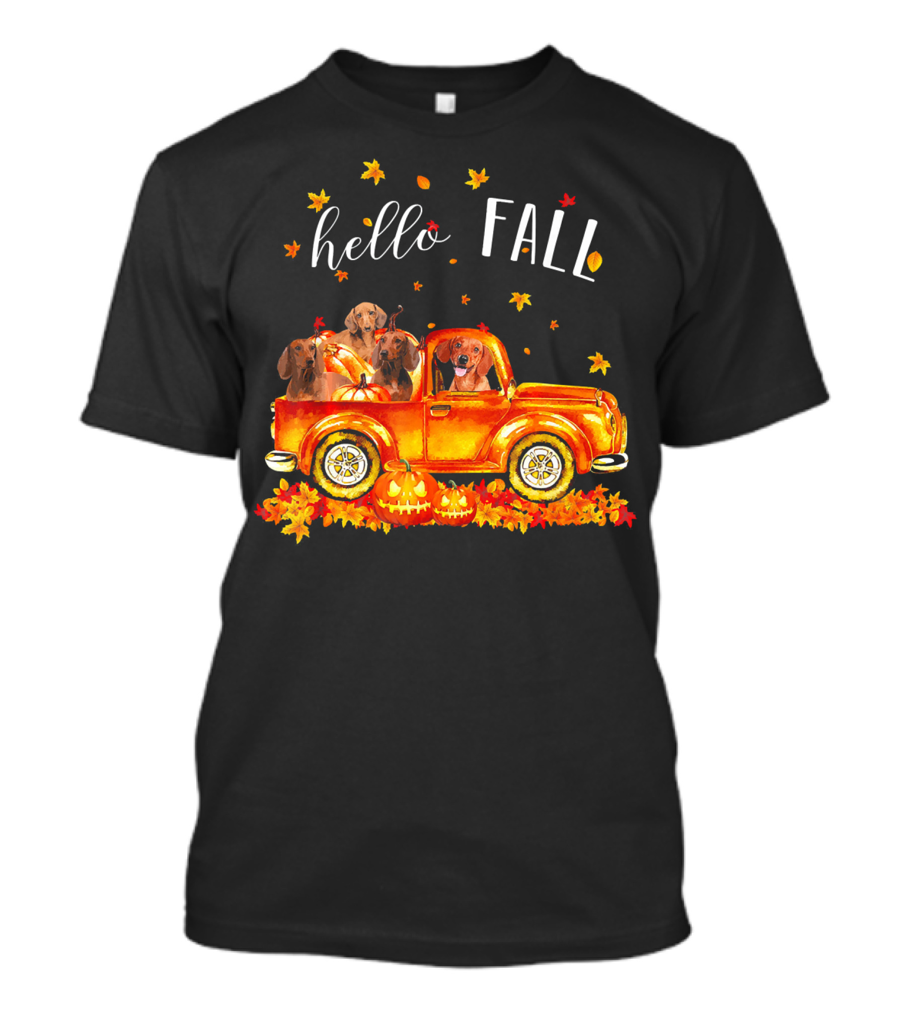 Hello Fall Dachshund Pumpkins Leaves Truck T-Shirt