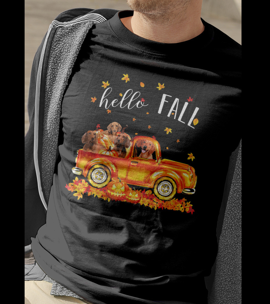 Hello Fall Dachshund Pumpkins Leaves Truck T-Shirt