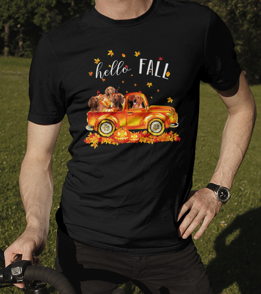 Hello Fall Dachshund Pumpkins Leaves Truck T-Shirt