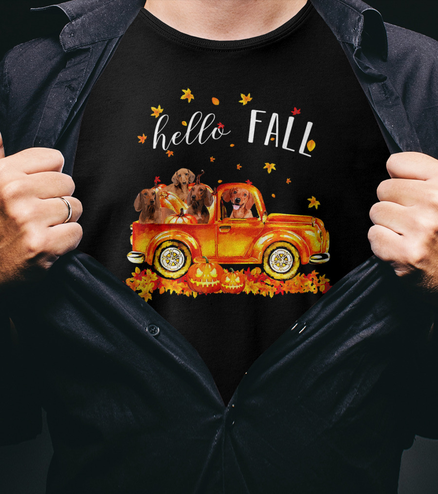 Hello Fall Dachshund Pumpkins Leaves Truck T-Shirt