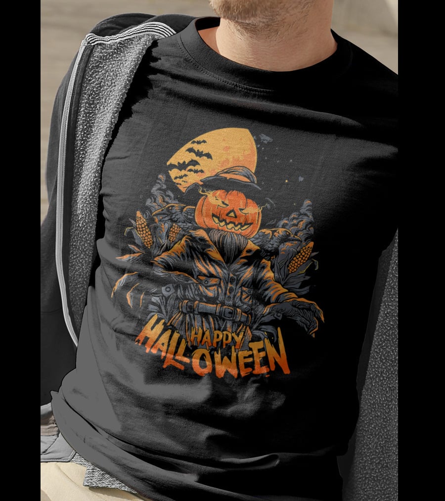Happy Halloween Pumpkin Horror Moonlit Scarecrow Cornfield T-Shirt