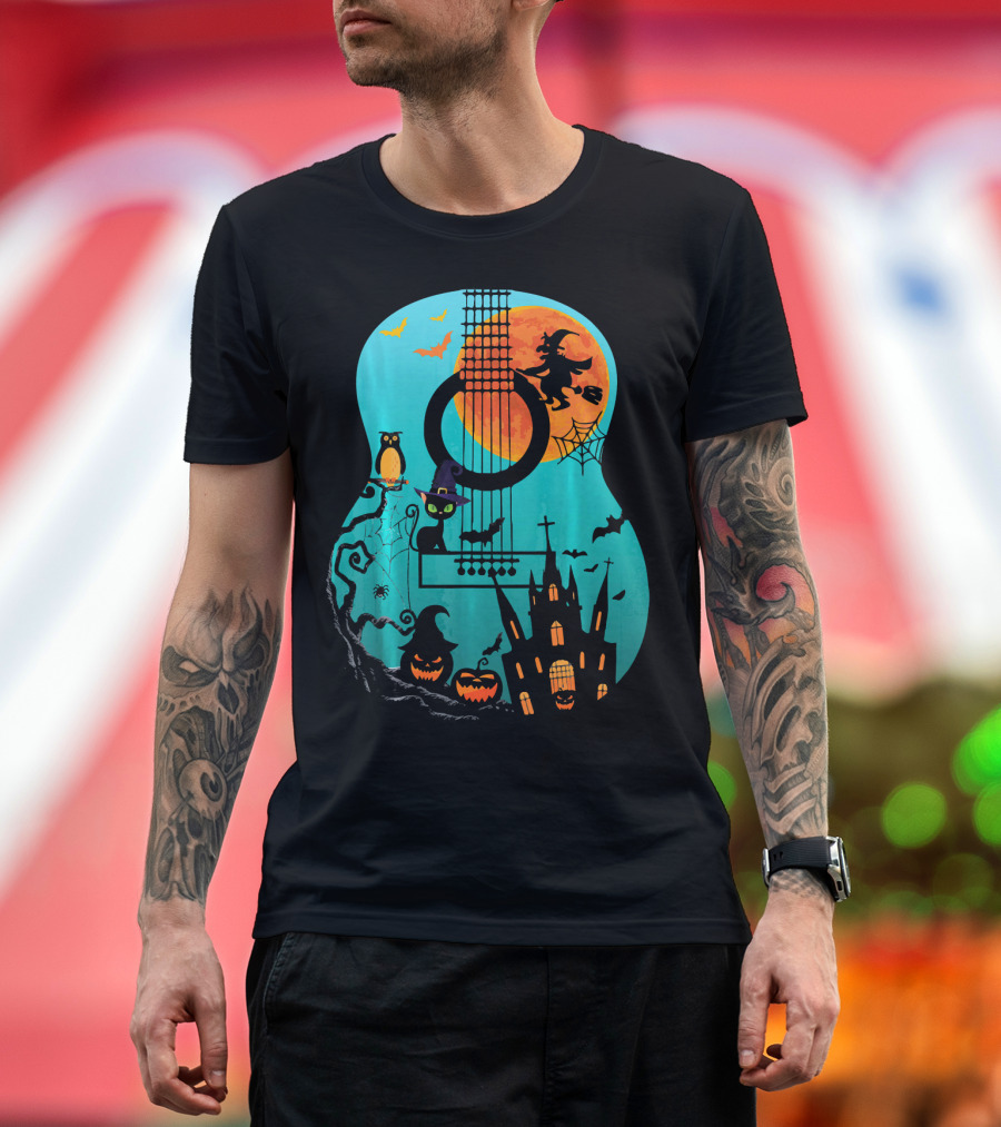 Guitar Lover Scary Halloween Pumpkin Music Witch Castle Cat Owl Bats Moon T-Shirt
