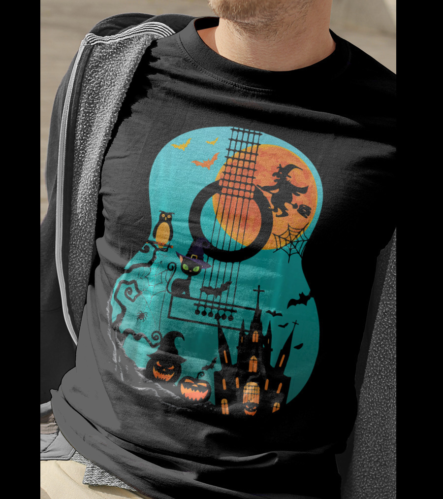 Guitar Lover Scary Halloween Pumpkin Music Witch Castle Cat Owl Bats Moon T-Shirt