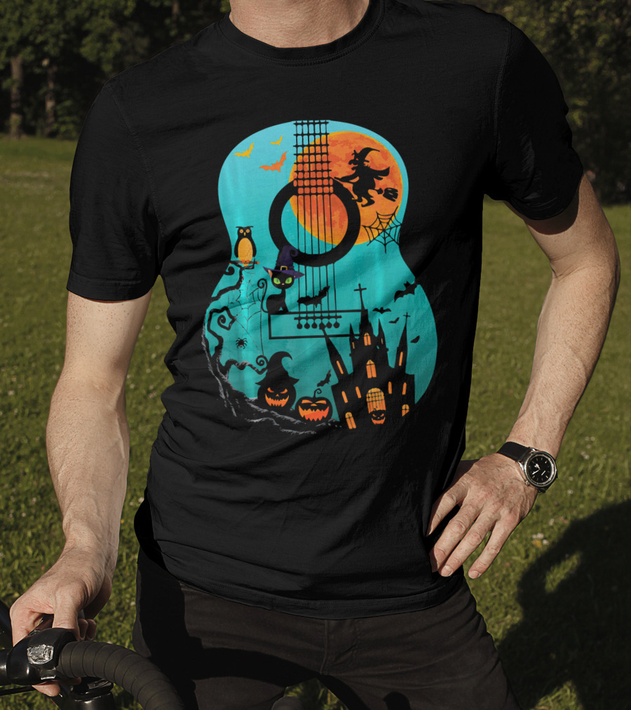 Guitar Lover Scary Halloween Pumpkin Music Witch Castle Cat Owl Bats Moon T-Shirt