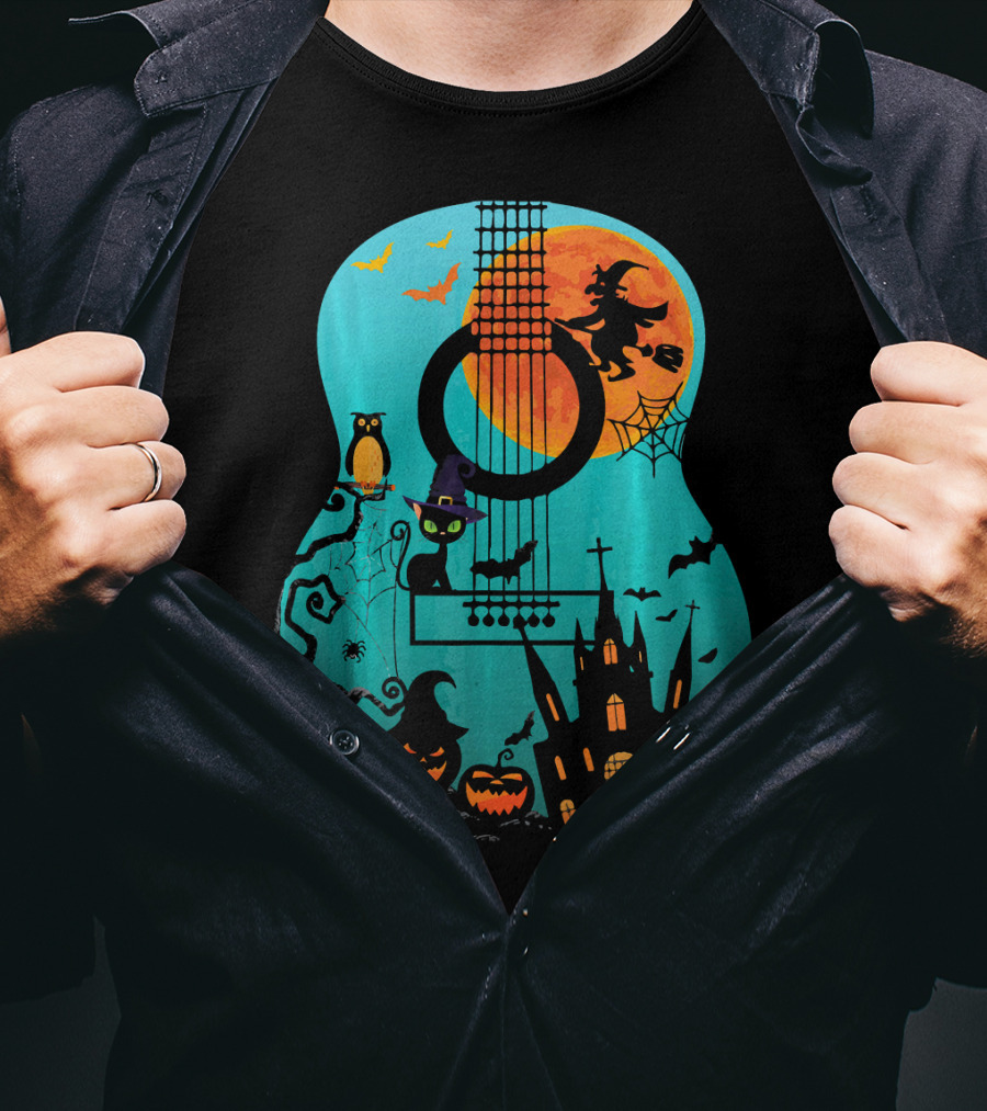 Guitar Lover Scary Halloween Pumpkin Music Witch Castle Cat Owl Bats Moon T-Shirt