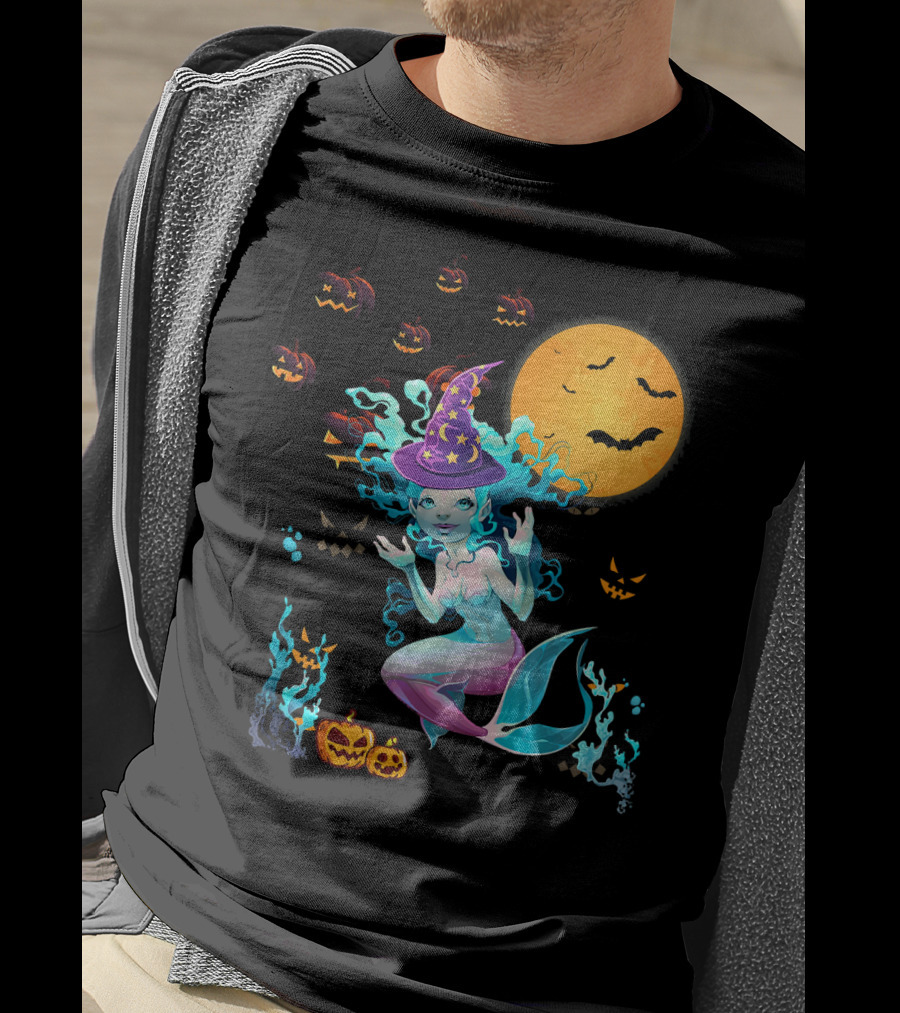 Halloween Mermaid Witch With Pumpkin Lanterns And Moon T-Shirt