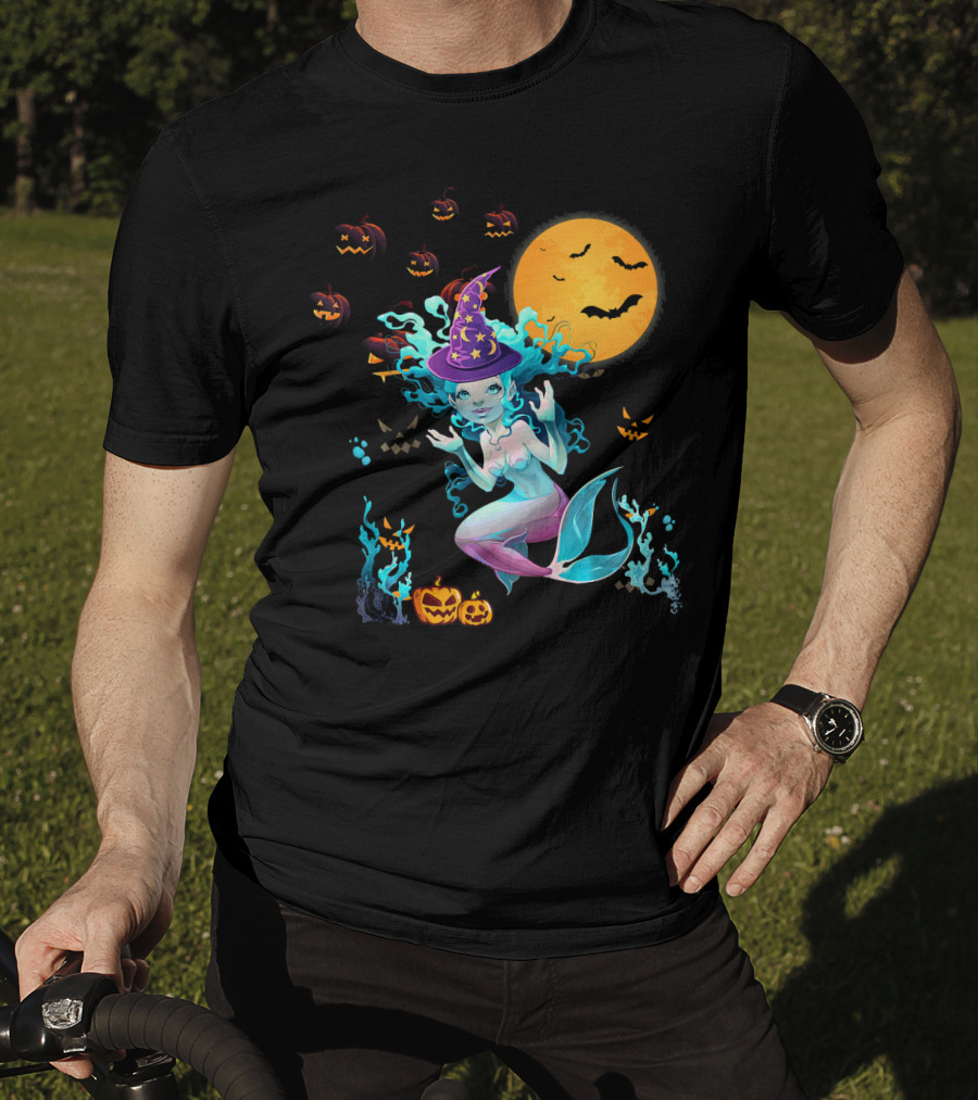 Halloween Mermaid Witch With Pumpkin Lanterns And Moon T-Shirt