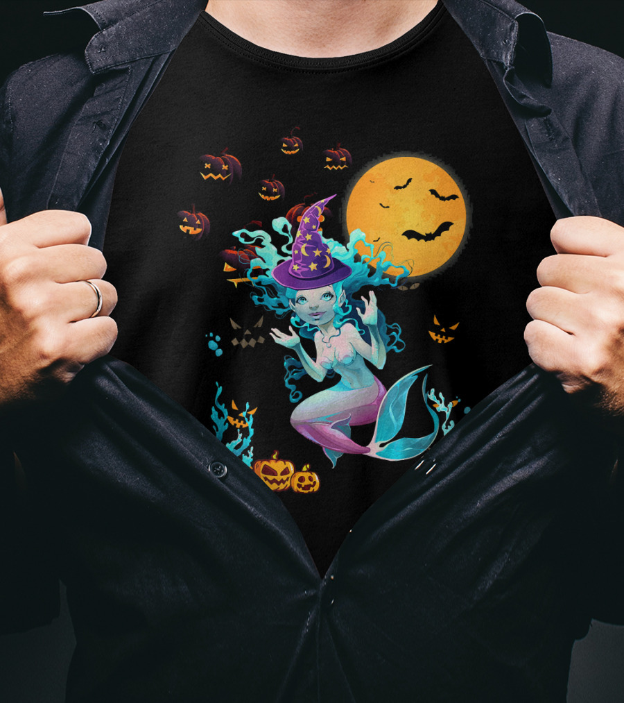 Halloween Mermaid Witch With Pumpkin Lanterns And Moon T-Shirt