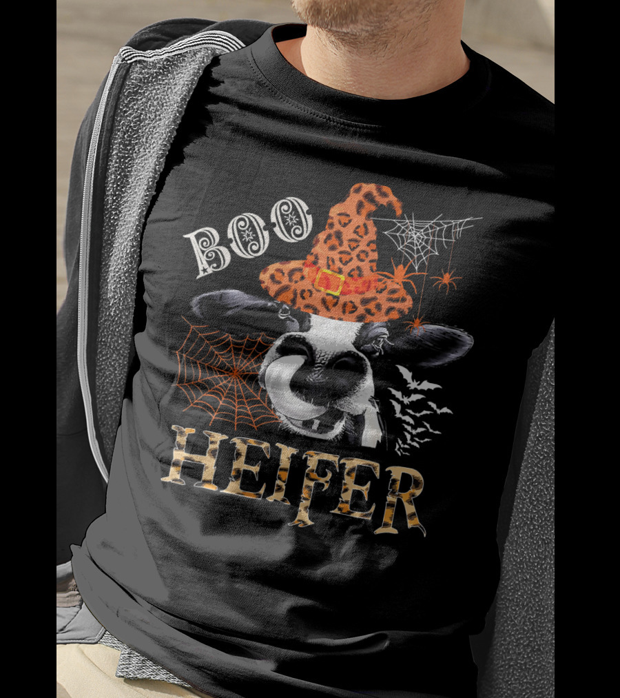 Boo Heifer Cute Leopard Cow Witch Halloween Spiders Bats Webs T-Shirt