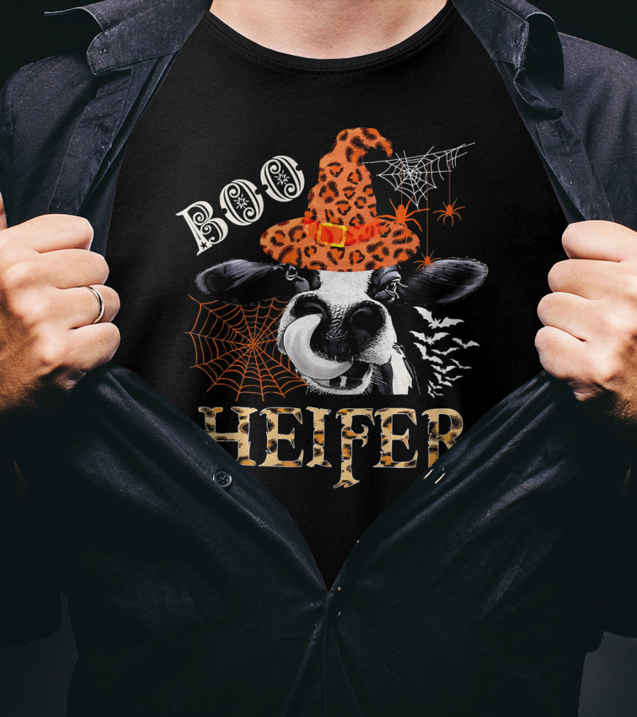 Boo Heifer Cute Leopard Cow Witch Halloween Spiders Bats Webs T-Shirt