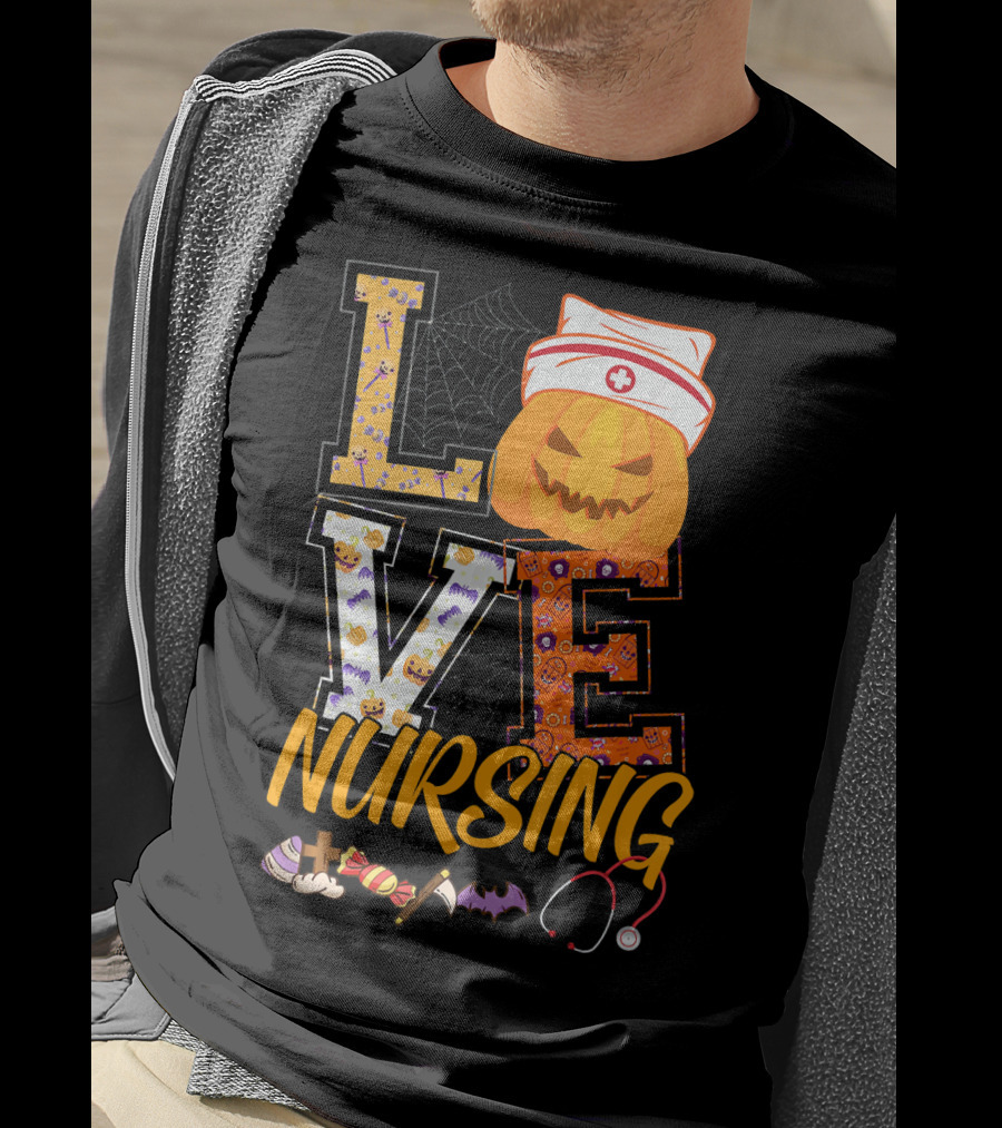 LOVE Nursing Pumpkin Halloween Nurse Stethoscope Spider Web Bat Candy T-Shirt