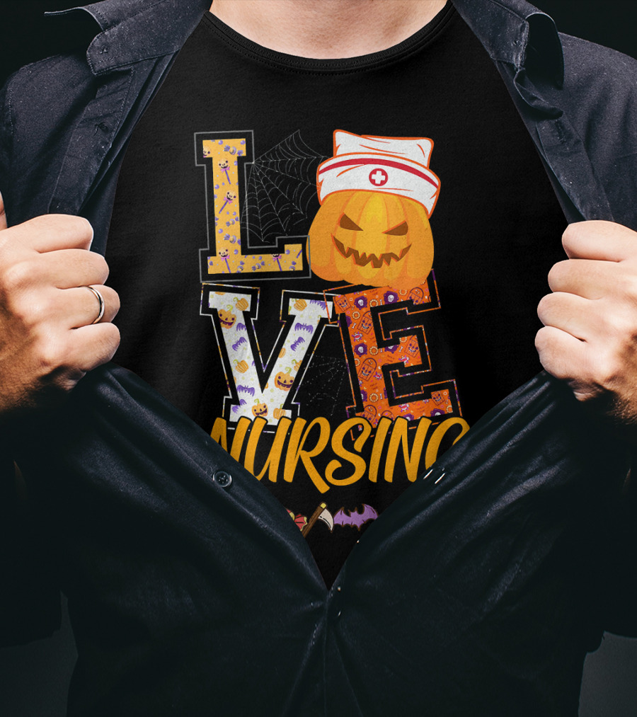 LOVE Nursing Pumpkin Halloween Nurse Stethoscope Spider Web Bat Candy T-Shirt