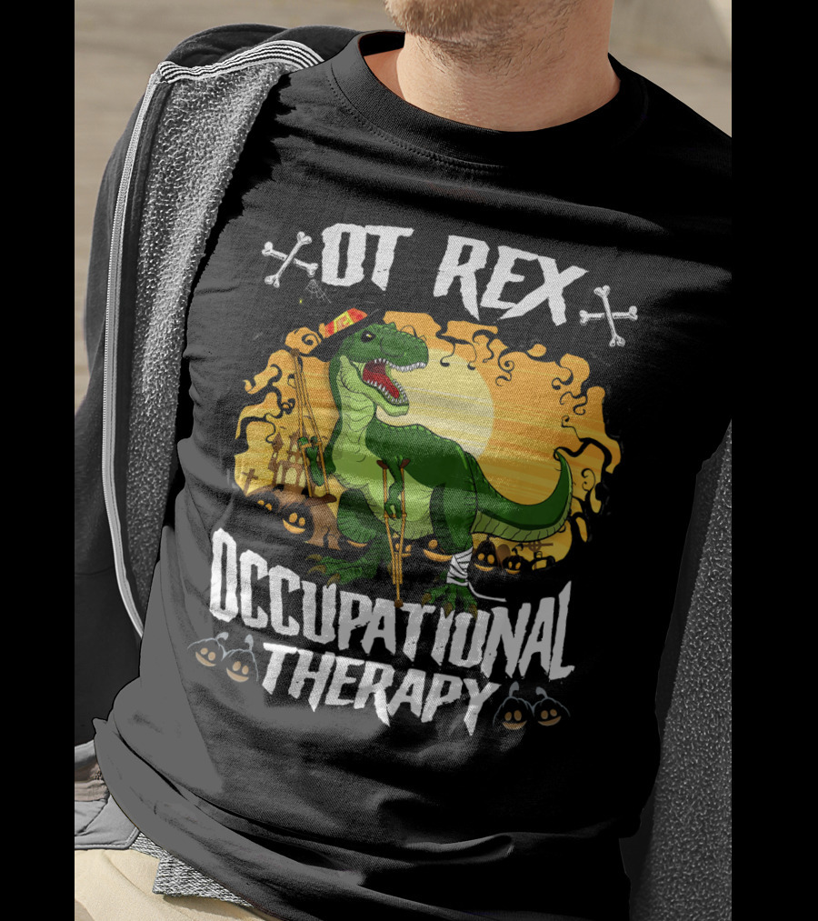 OT Rex Occupational Therapy Halloween Dinosaur With Crutches And Bandages T-Shirt