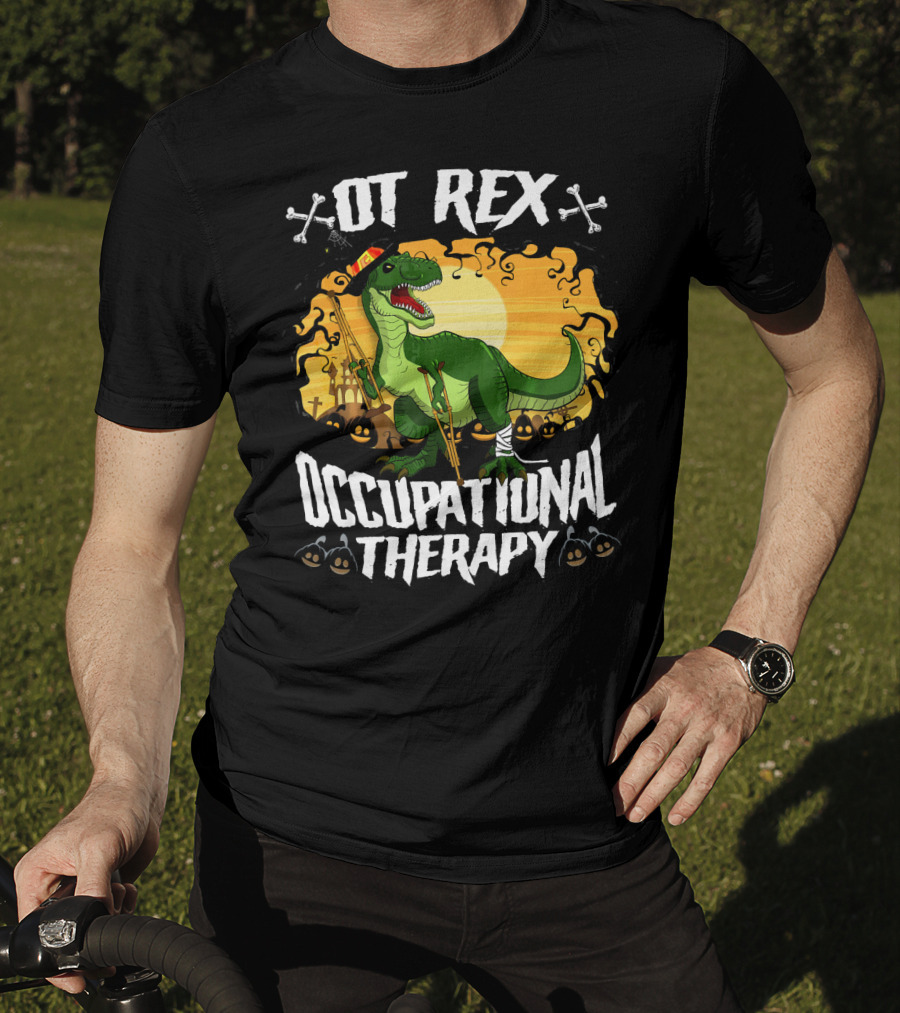 OT Rex Occupational Therapy Halloween Dinosaur With Crutches And Bandages T-Shirt