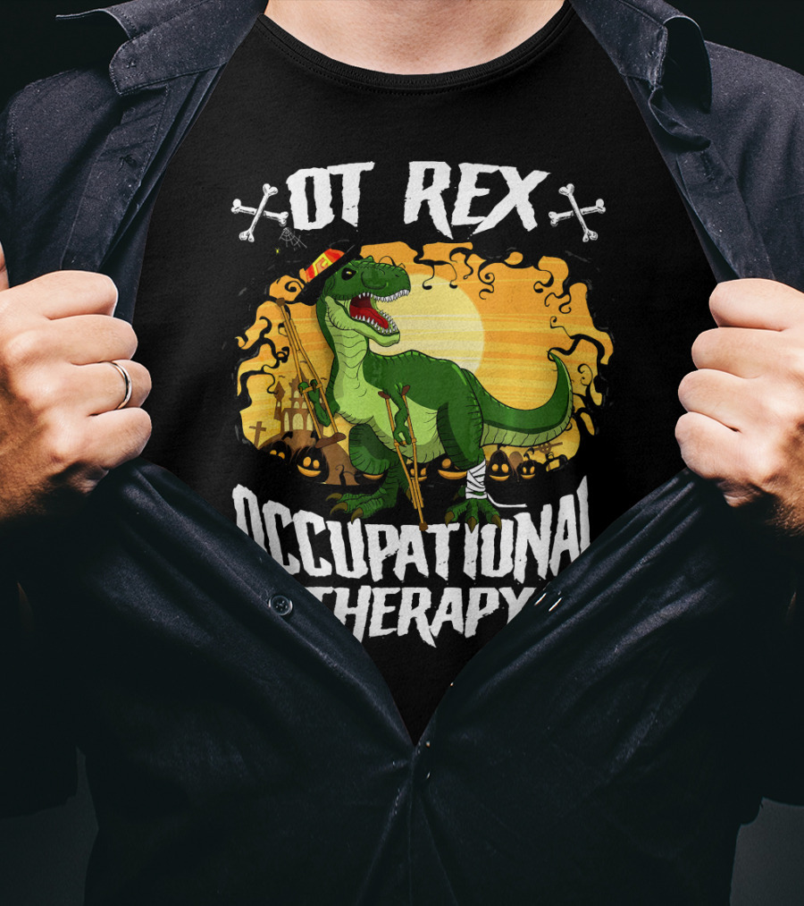 OT Rex Occupational Therapy Halloween Dinosaur With Crutches And Bandages T-Shirt