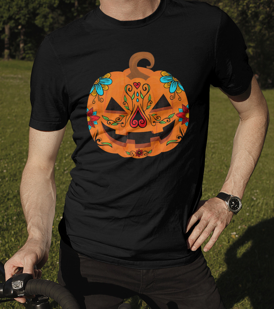 Pumpkin Sugar Skull Halloween Jack-O'-Lantern Floral T-Shirt