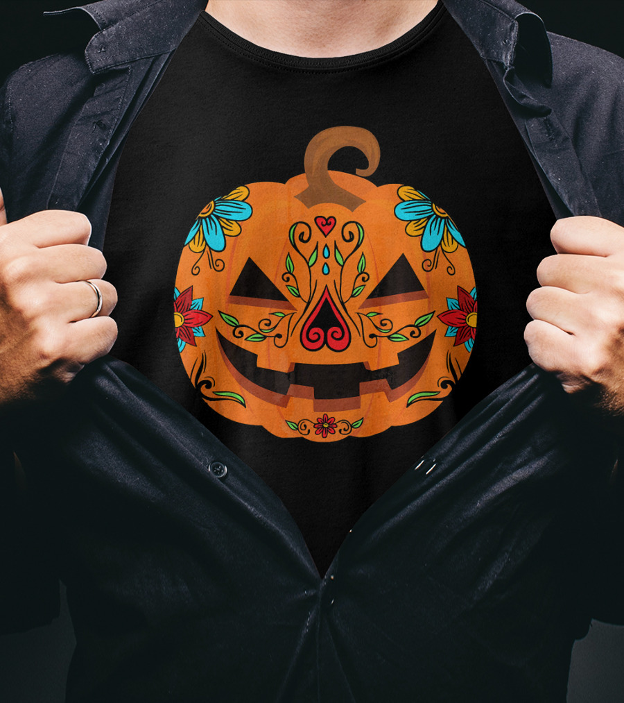 Pumpkin Sugar Skull Halloween Jack-O'-Lantern Floral T-Shirt