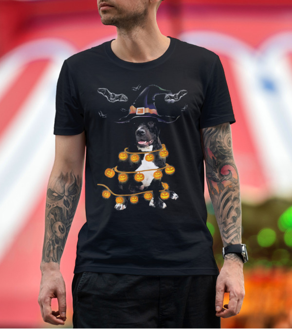 Premium T-Shirt: Pitbull Wrapped in Pumpkin Lights with Witch Hat and Bats Halloween T-Shirt Pitbull Wrapped in Pumpkin Lights with Witch Hat and Bats Halloween T-Shirt