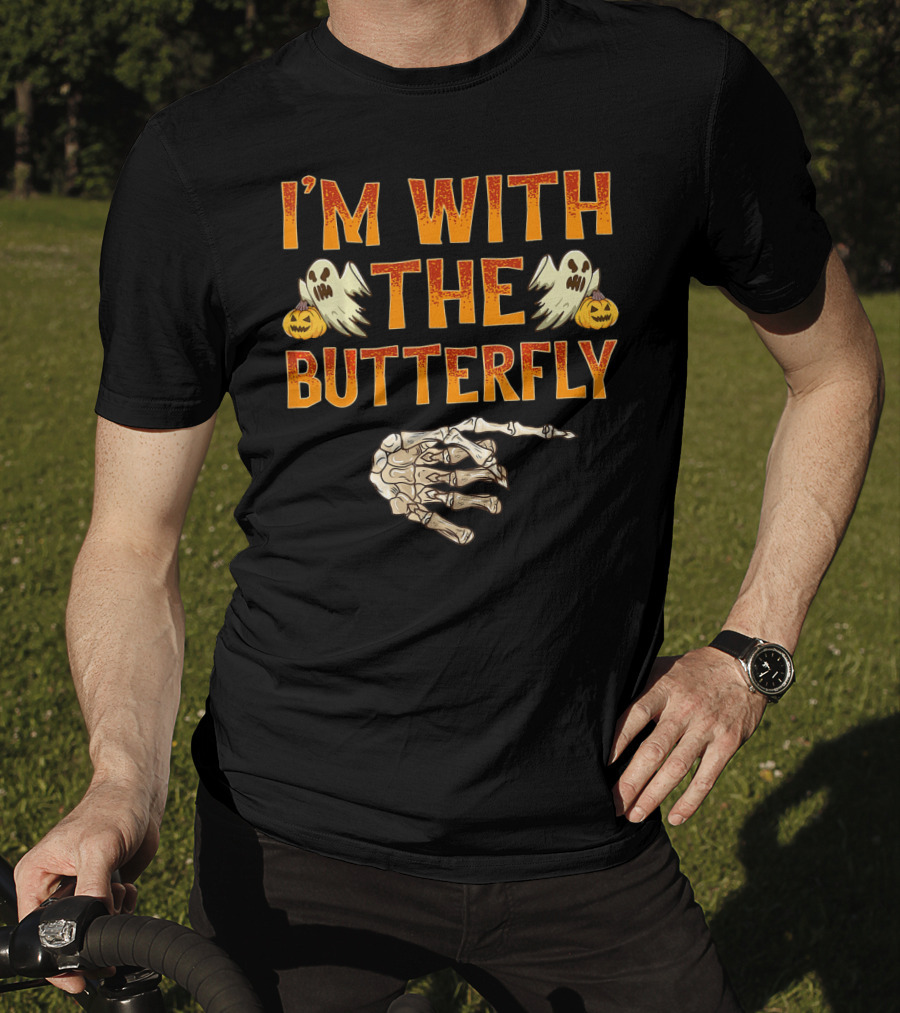 I'm With The Butterfly Ghosts Skeleton Hand Pumpkins T-Shirt