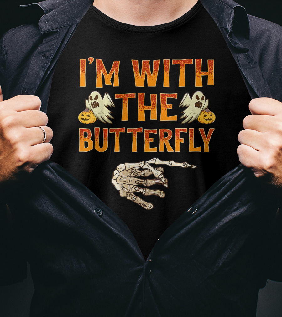 I'm With The Butterfly Ghosts Skeleton Hand Pumpkins T-Shirt