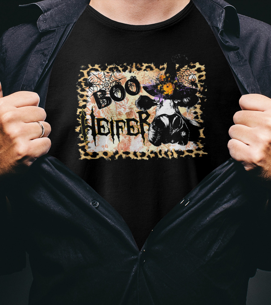 Boo Heifer Halloween Witch Hat Cow With Spider Webs T-Shirt