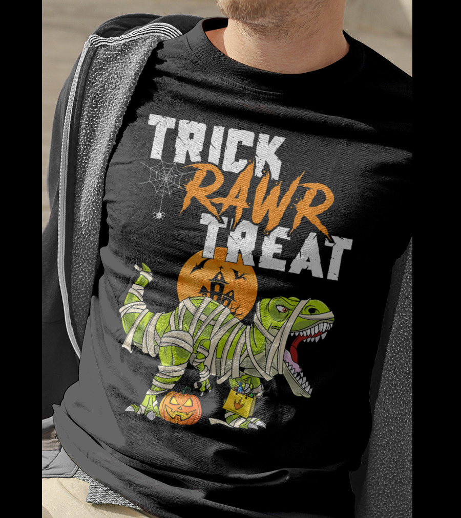 Trick Rawr Treat Dinosaur Mummy Halloween Rex Jack-O'-Lantern T-Shirt