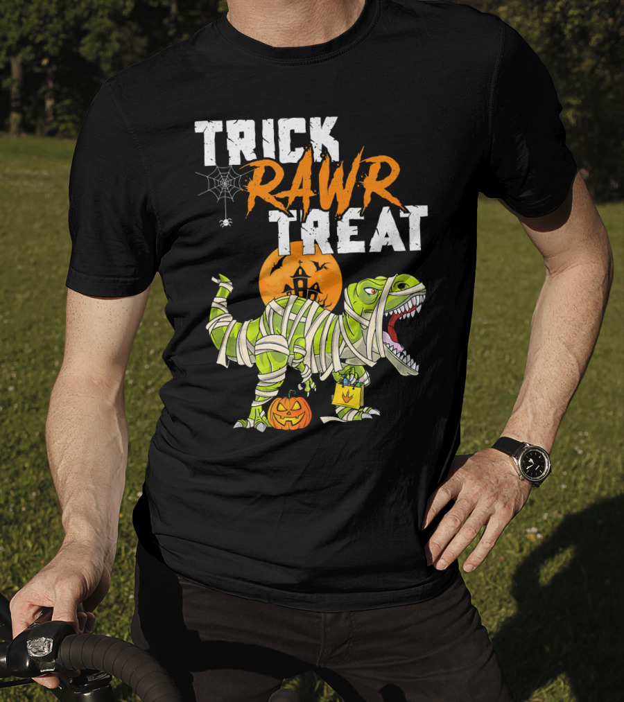 Trick Rawr Treat Dinosaur Mummy Halloween Rex Jack-O'-Lantern T-Shirt
