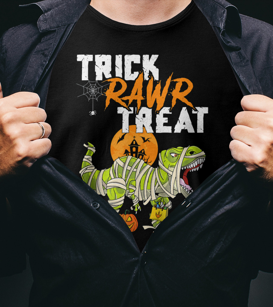 Trick Rawr Treat Dinosaur Mummy Halloween Rex Jack-O'-Lantern T-Shirt