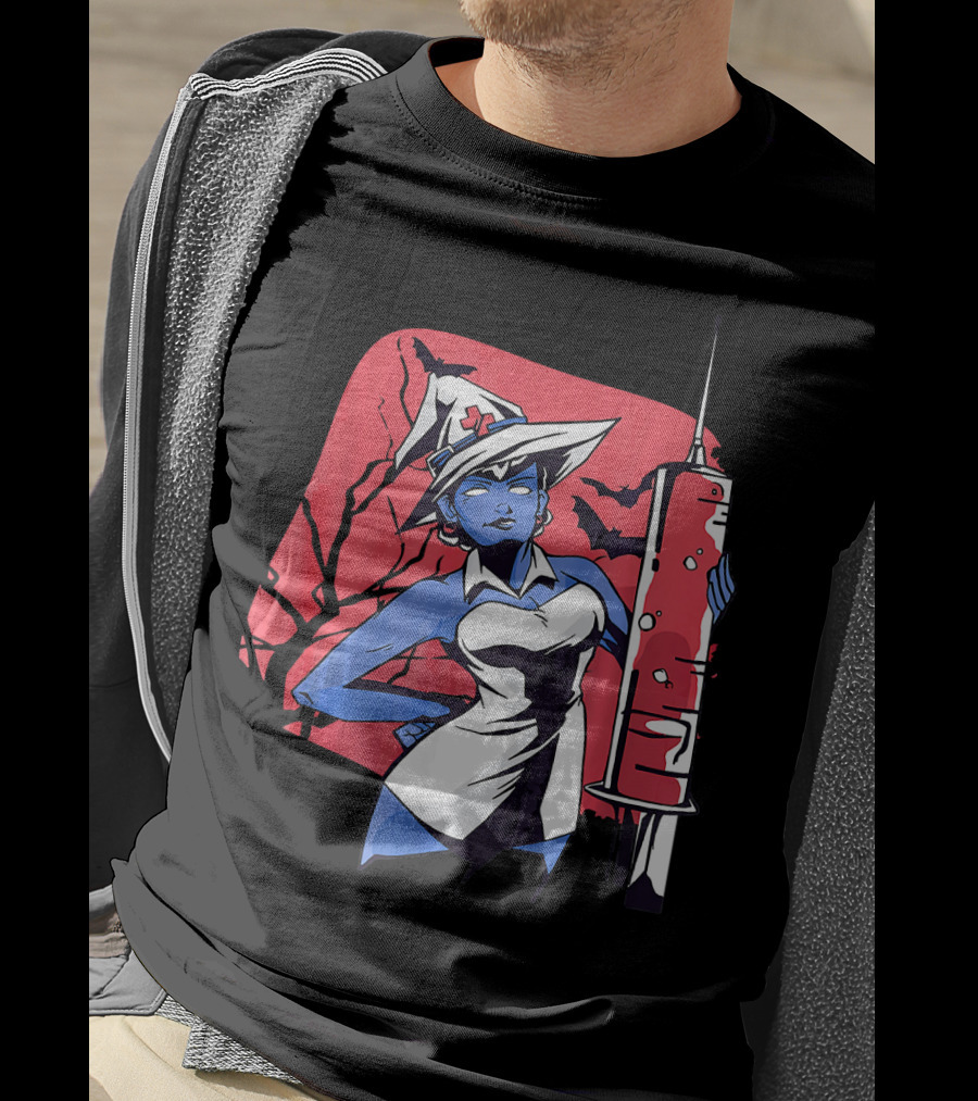 Halloween Witch Nurse Holding Syringe With Witch Hat And Bats T-Shirt