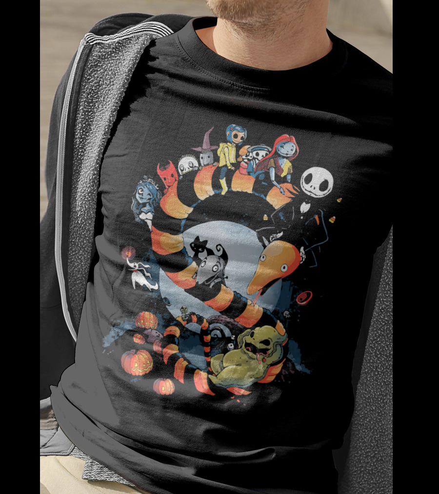 Nightmare Before Christmas Characters Riding Sandworm In Moonlit Halloween Scene T-Shirt