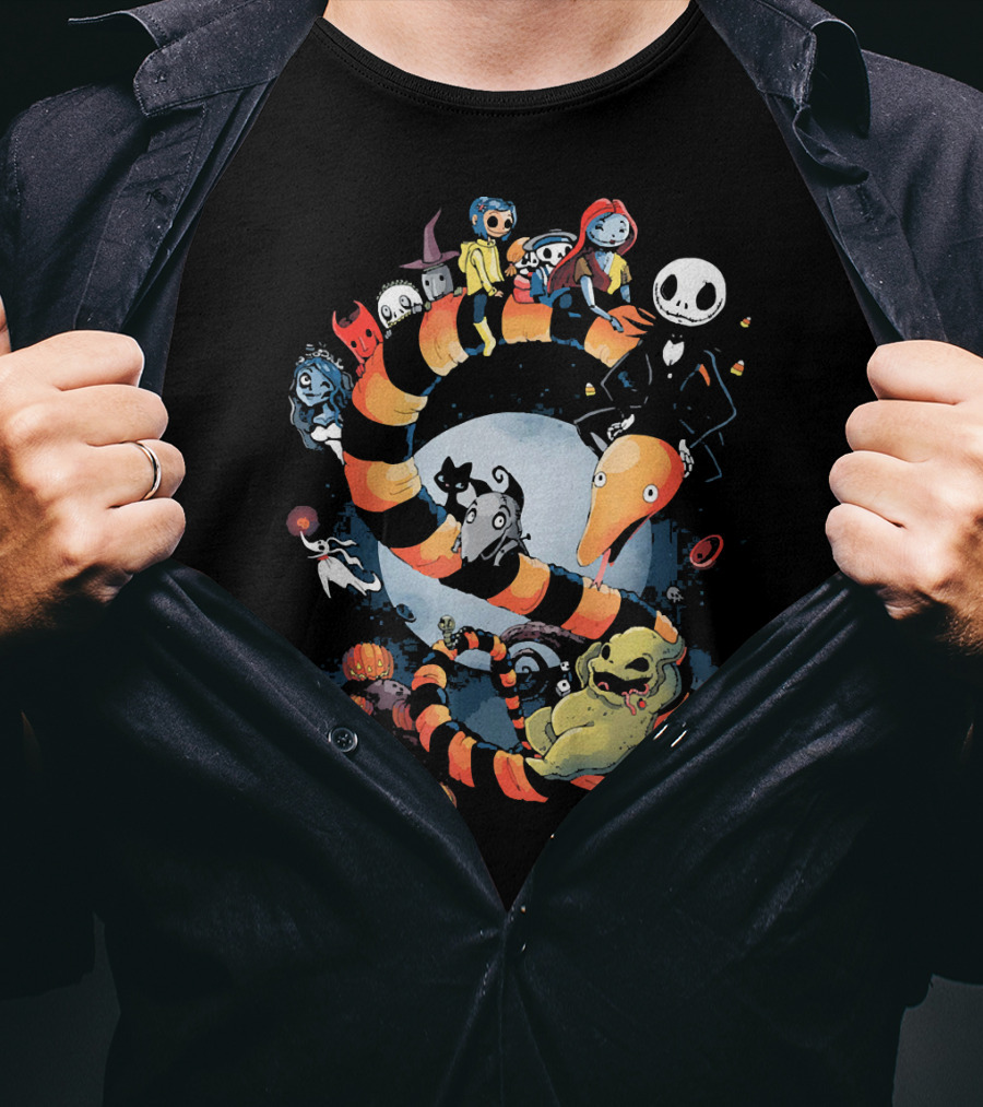 Nightmare Before Christmas Characters Riding Sandworm In Moonlit Halloween Scene T-Shirt