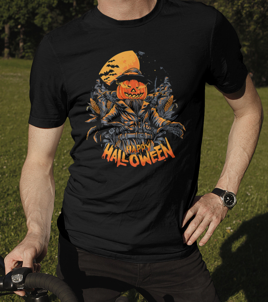 Happy Halloween Scarecrow Pumpkin Moonlit Scene T-Shirt