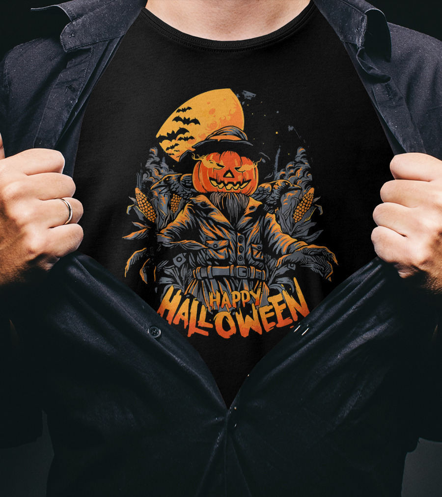 Happy Halloween Scarecrow Pumpkin Moonlit Scene T-Shirt