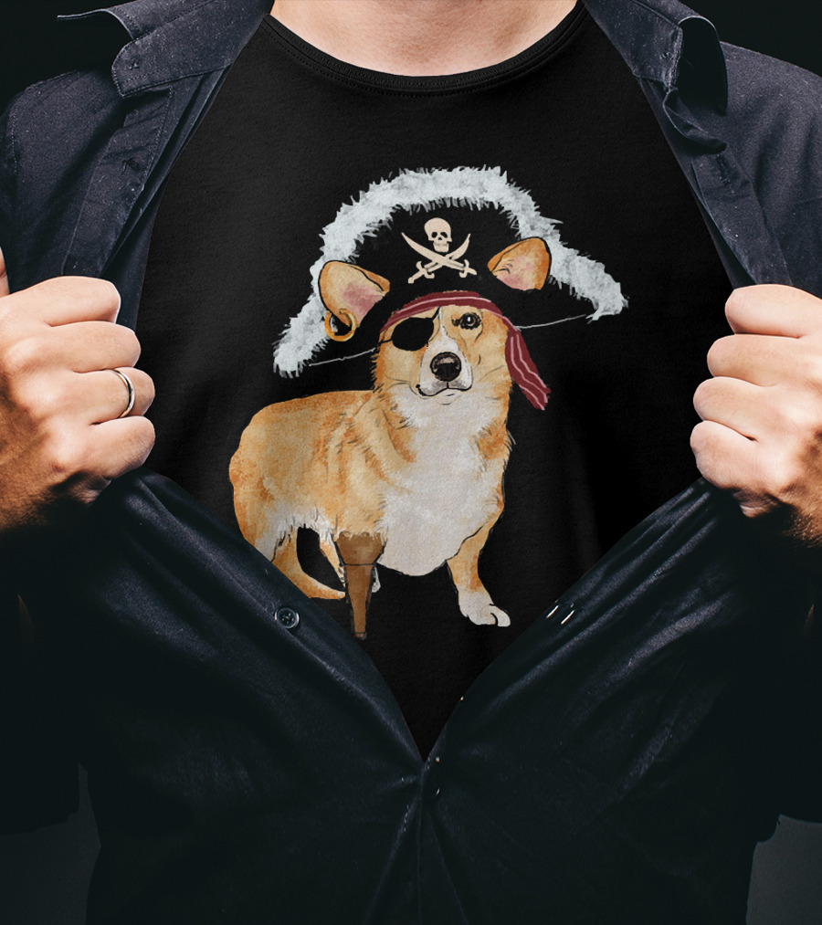 Funny Pirate Corgi Halloween Dog Lovers Skull Eyepatch Hat T-Shirt