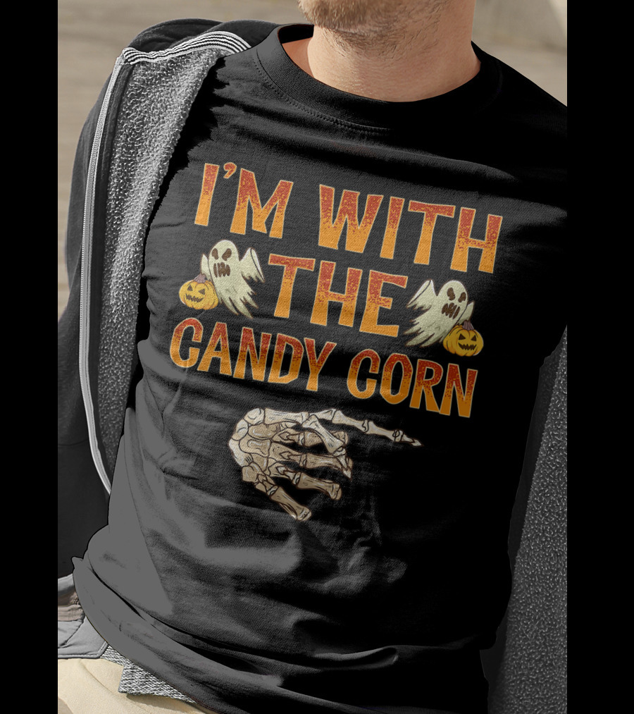 I'm With The Candy Corn Halloween Skeleton Hand Ghosts Pumpkins T-Shirt