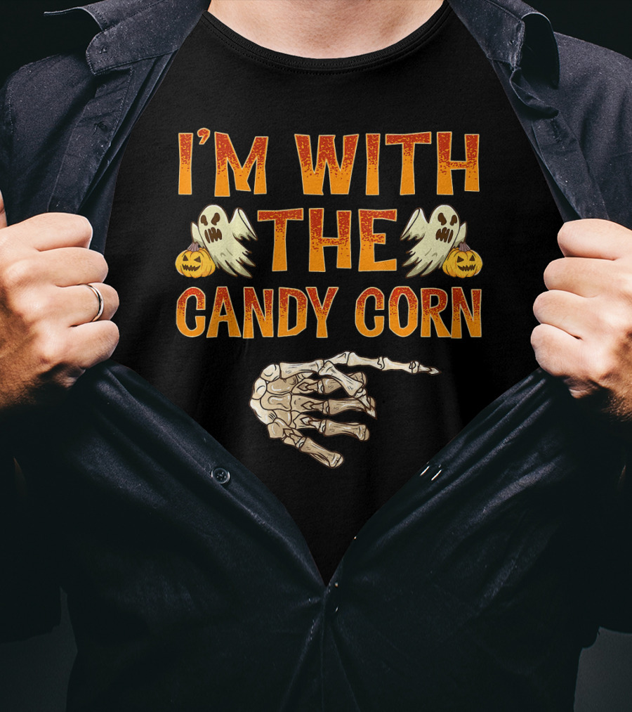 I'm With The Candy Corn Halloween Skeleton Hand Ghosts Pumpkins T-Shirt