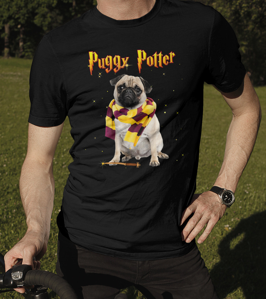 Puggy Potter Magic Wizard Pug With Scarf And Wand T-Shirt