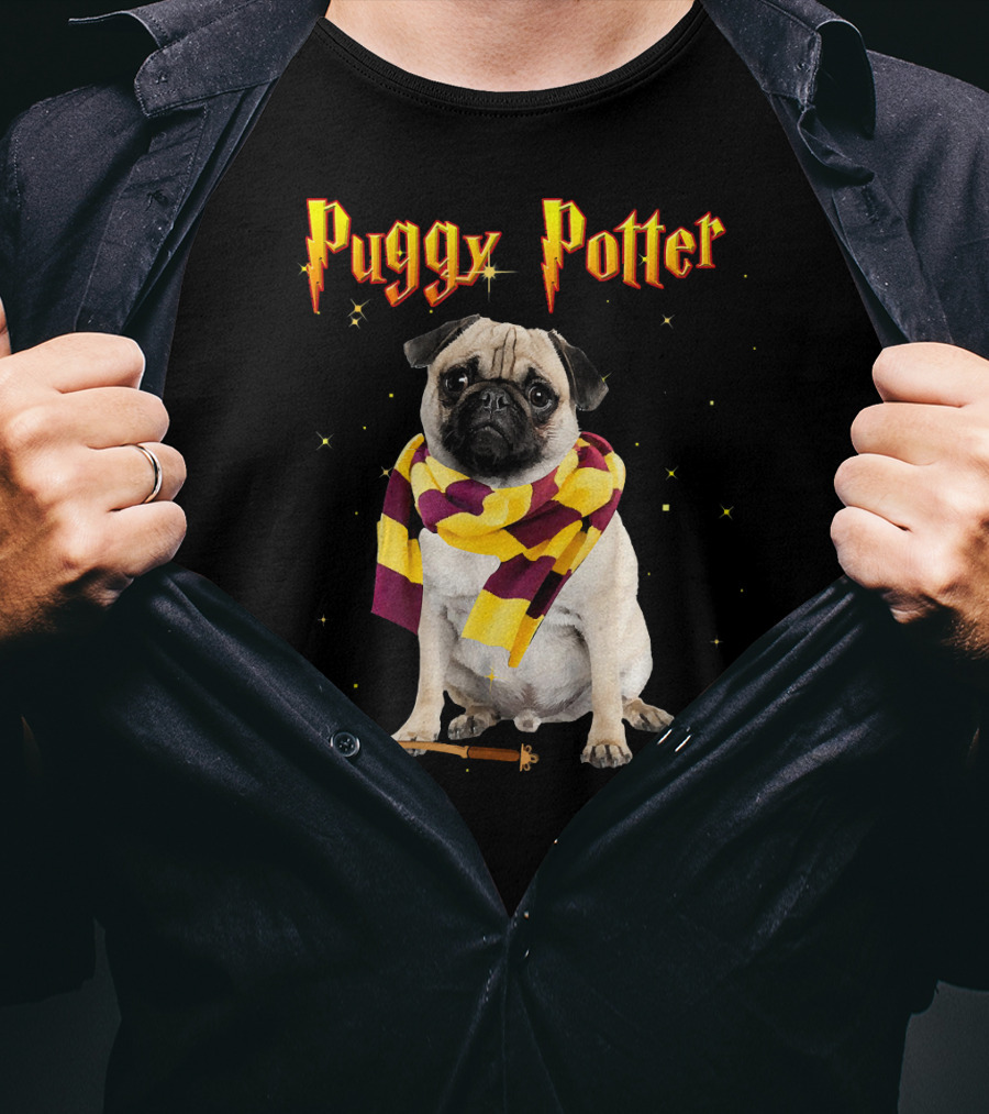 Puggy Potter Magic Wizard Pug With Scarf And Wand T-Shirt