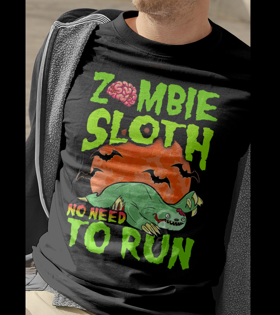 Zombie Sloth No Need To Run Halloween Brain Bats T-Shirt