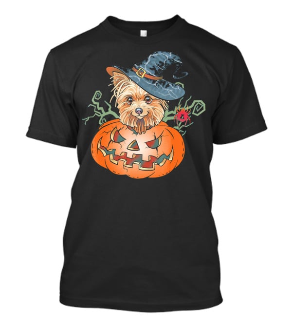 Yorkshire Terrier Witch Hat Pumpkin Halloween T-Shirt