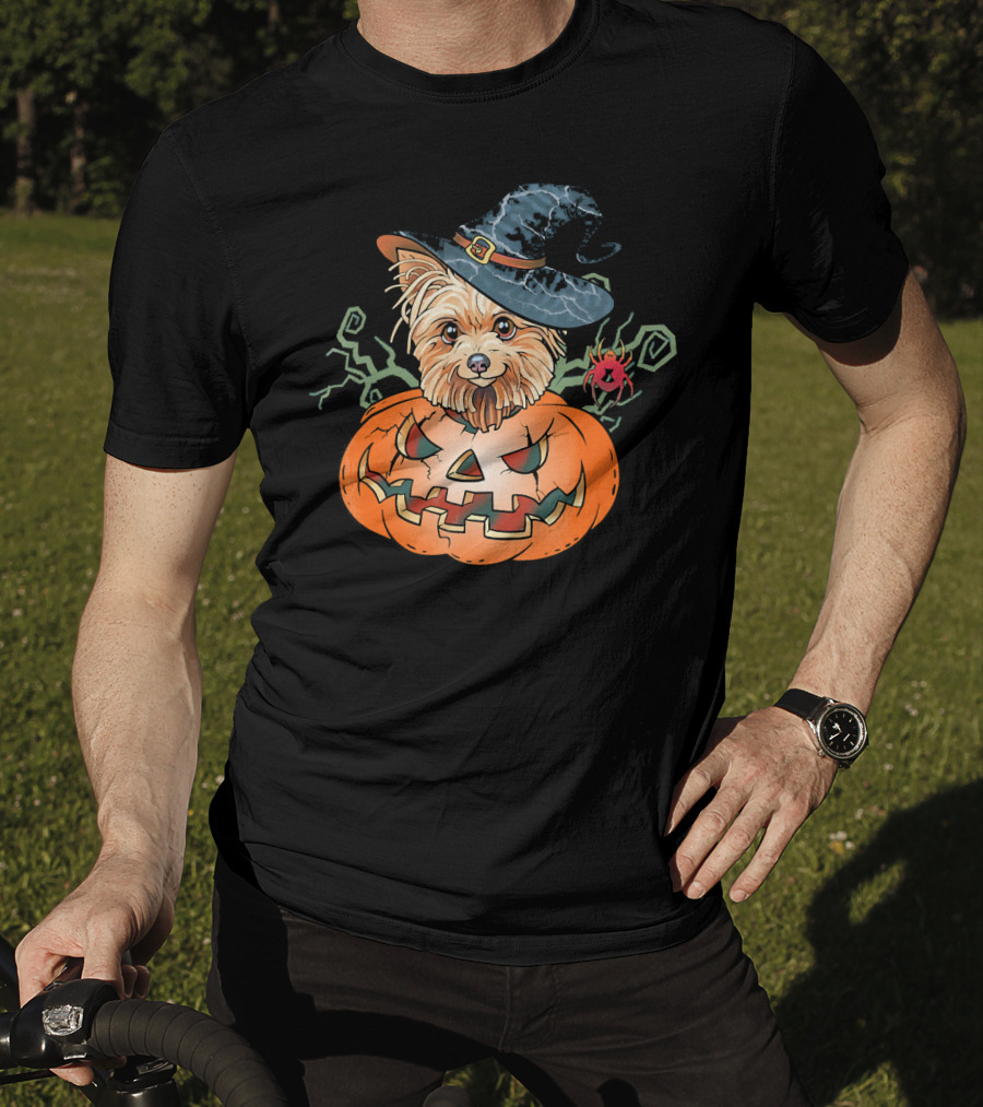 Yorkshire Terrier Witch Hat Pumpkin Halloween T-Shirt