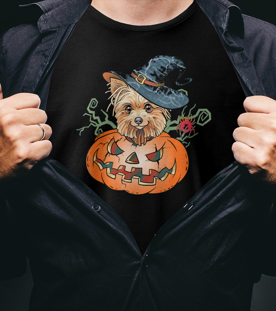 Yorkshire Terrier Witch Hat Pumpkin Halloween T-Shirt