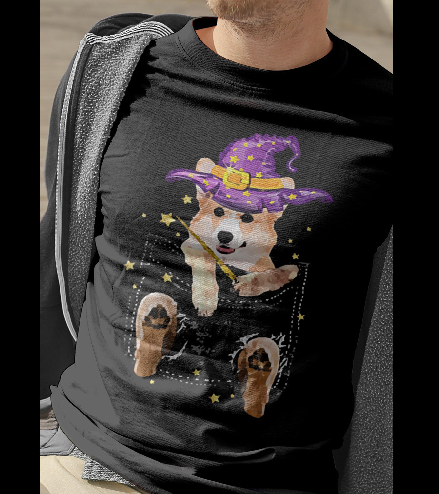 Corgi Witch Hat Starry Pocket Magic Wand Corgi T-Shirt