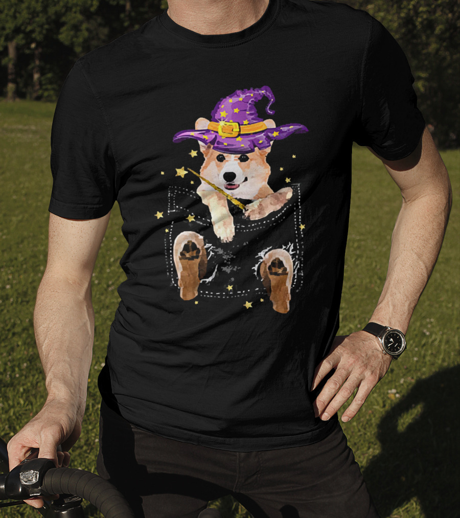Corgi Witch Hat Starry Pocket Magic Wand Corgi T-Shirt