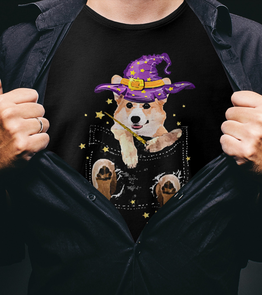 Corgi Witch Hat Starry Pocket Magic Wand Corgi T-Shirt