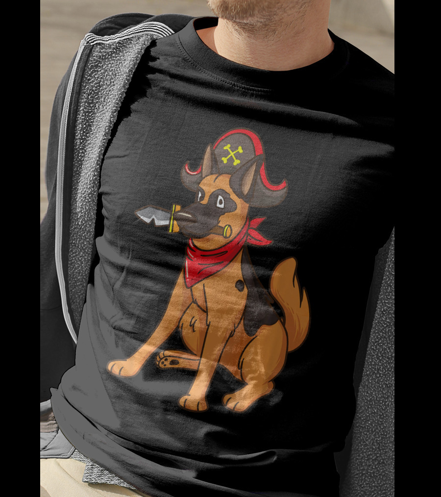 Pirate German Shepherd With Red Bandana And Hat For Halloween T-Shirt