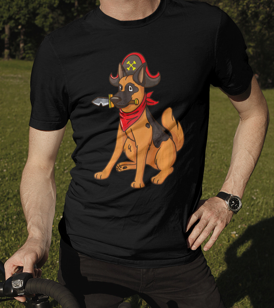 Pirate German Shepherd With Red Bandana And Hat For Halloween T-Shirt