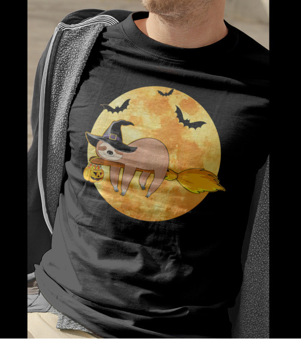 Lazy Sloth Riding Witches Broom With Pumpkin And Full Moon Background T-Shirt
