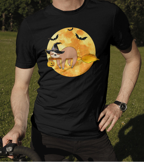 Lazy Sloth Riding Witches Broom With Pumpkin And Full Moon Background T-Shirt